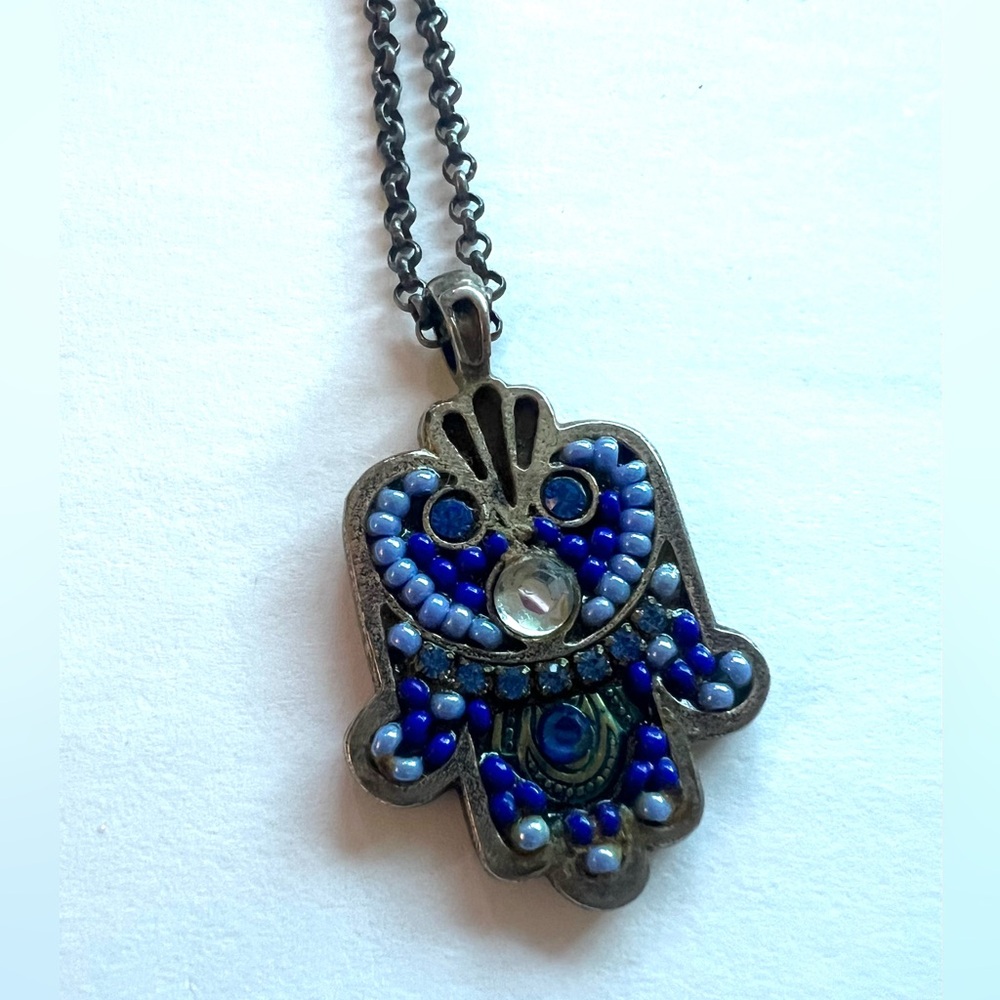 designer Adaya signed Elegant Blue Beaded Necklace hamsa silver handmade Jewish